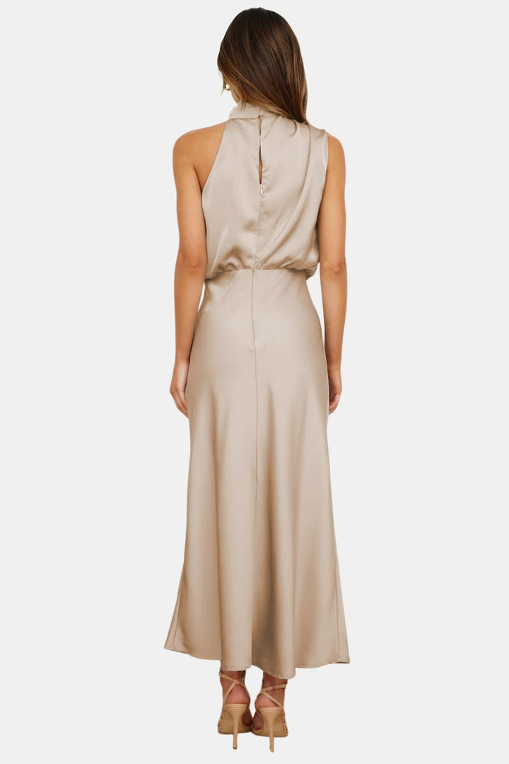 Woryndara | Elegant Halter Neck Midi Dress with Draped Bodice