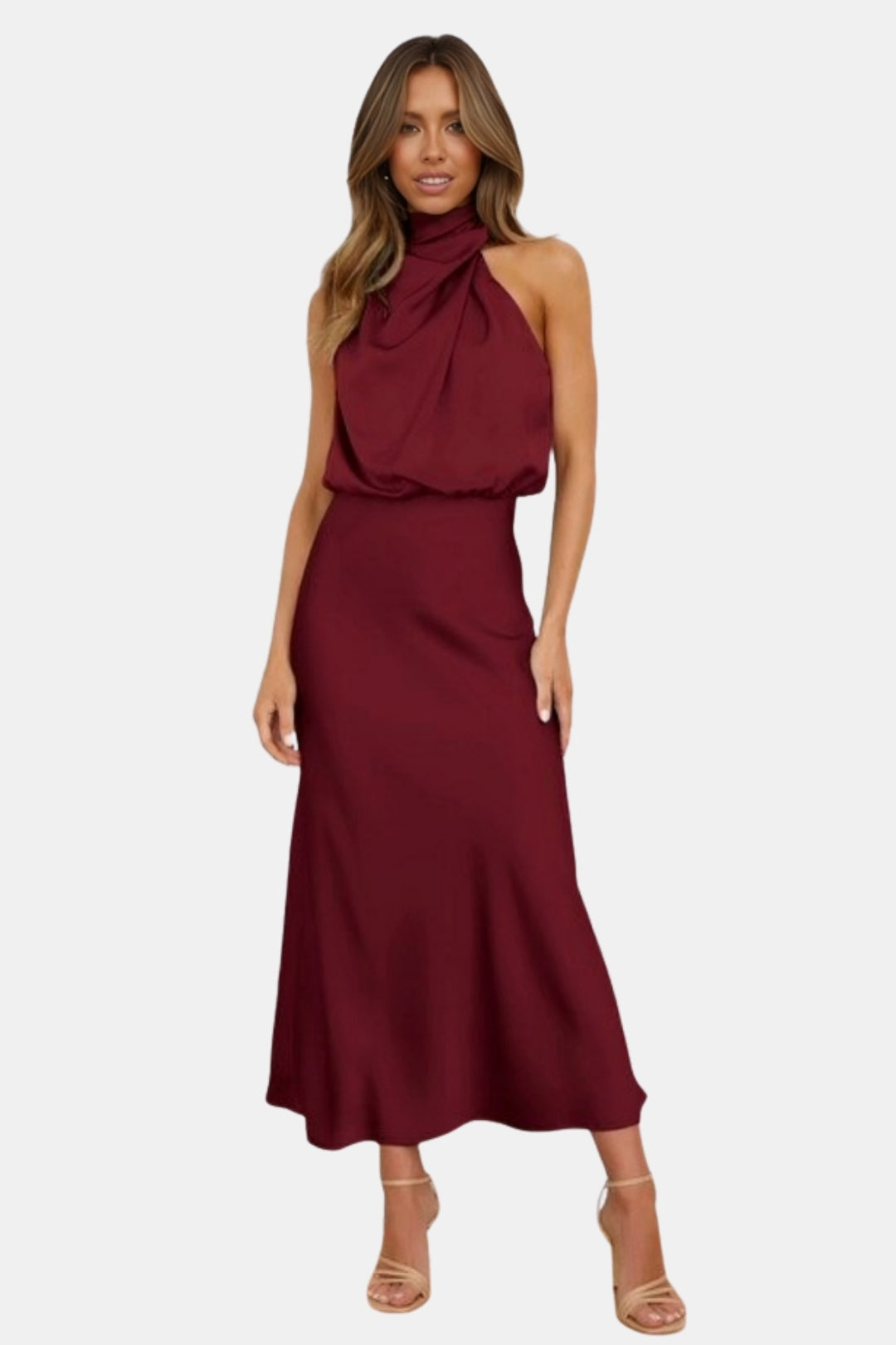 Woryndara | Elegant Halter Neck Midi Dress with Draped Bodice