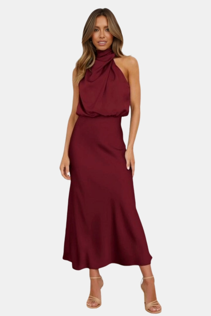 Woryndara | Elegant Halter Neck Midi Dress with Draped Bodice