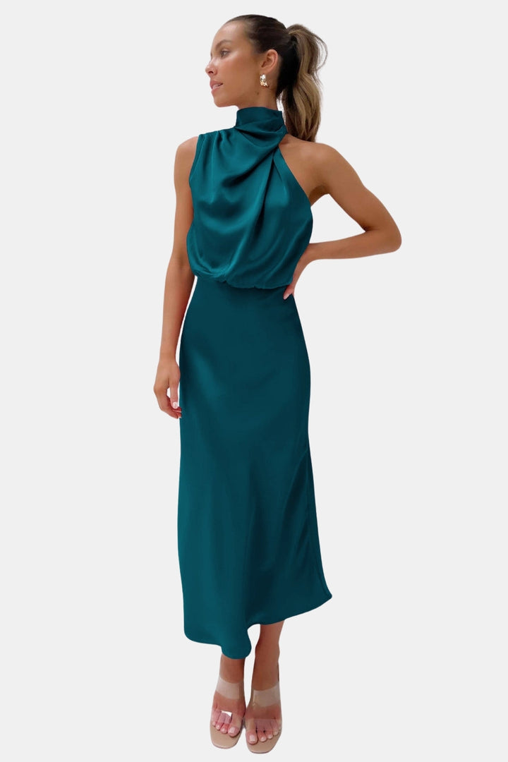 Woryndara | Elegant Halter Neck Midi Dress with Draped Bodice
