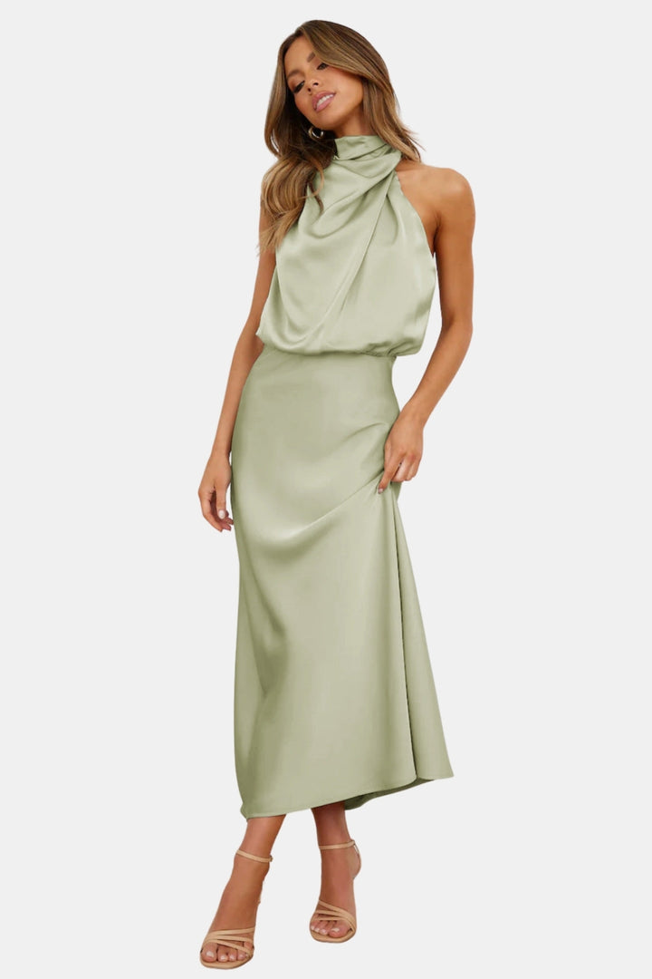 Woryndara | Elegant Halter Neck Midi Dress with Draped Bodice