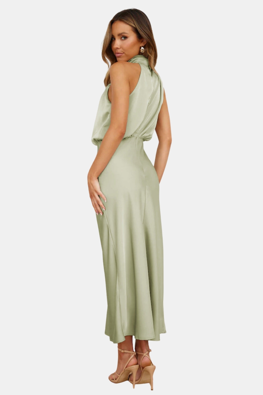Woryndara | Elegant Halter Neck Midi Dress with Draped Bodice