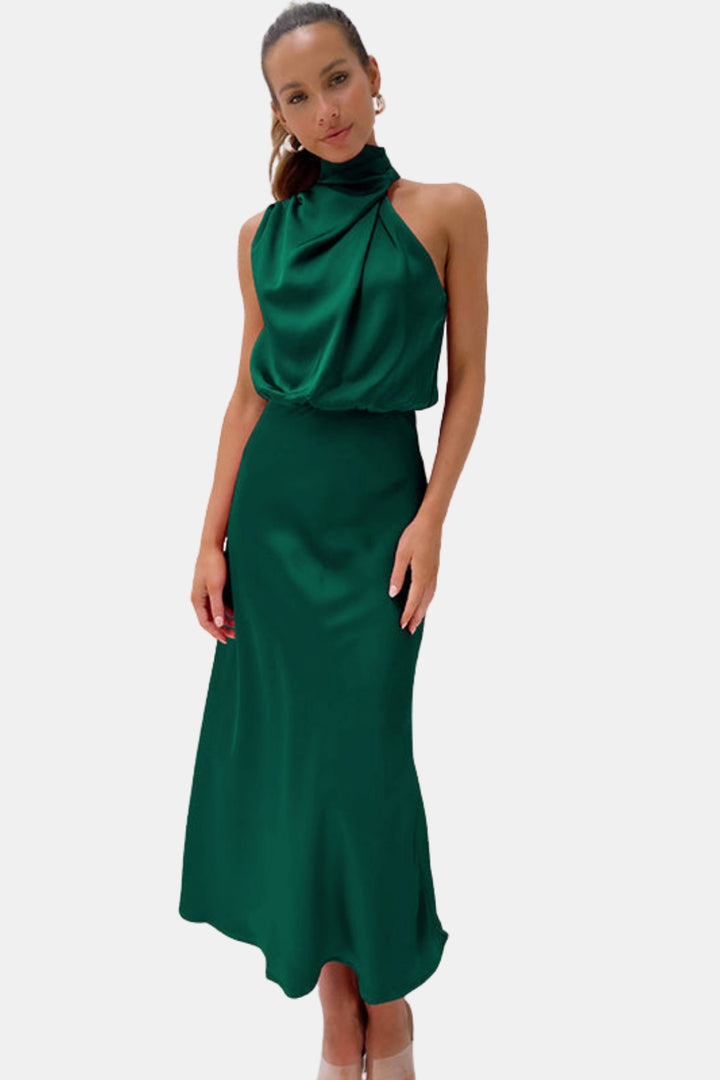 Woryndara | Elegant Halter Neck Midi Dress with Draped Bodice