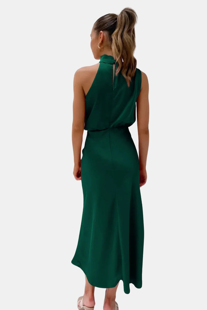 Woryndara | Elegant Halter Neck Midi Dress with Draped Bodice