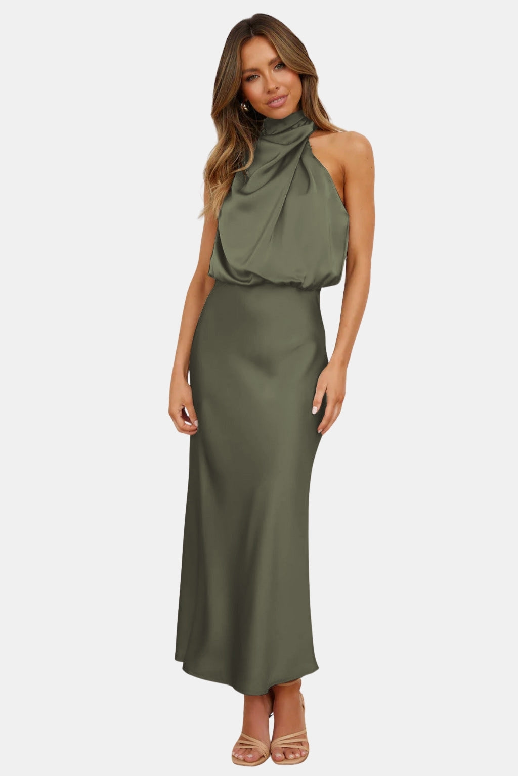Woryndara | Elegant Halter Neck Midi Dress with Draped Bodice