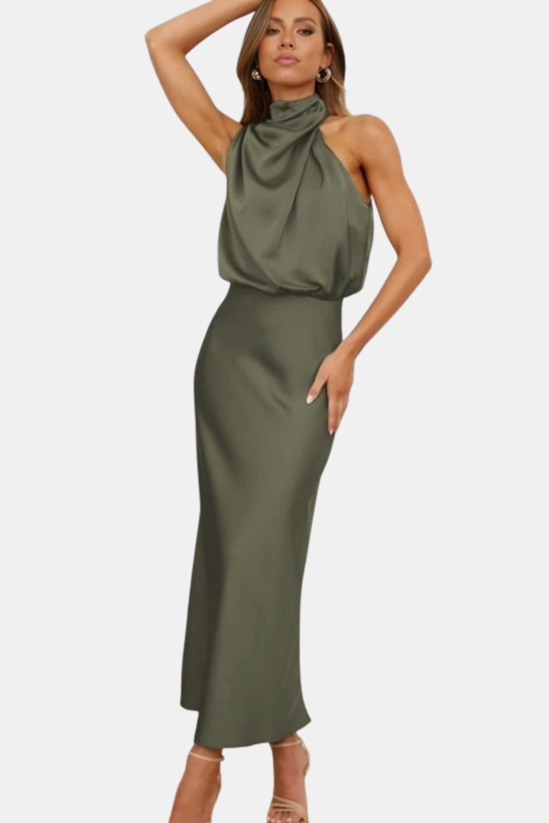 Woryndara | Elegant Halter Neck Midi Dress with Draped Bodice