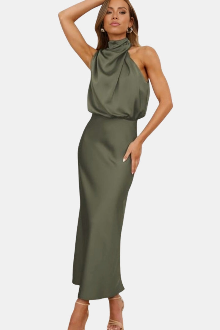 Woryndara | Elegant Halter Neck Midi Dress with Draped Bodice