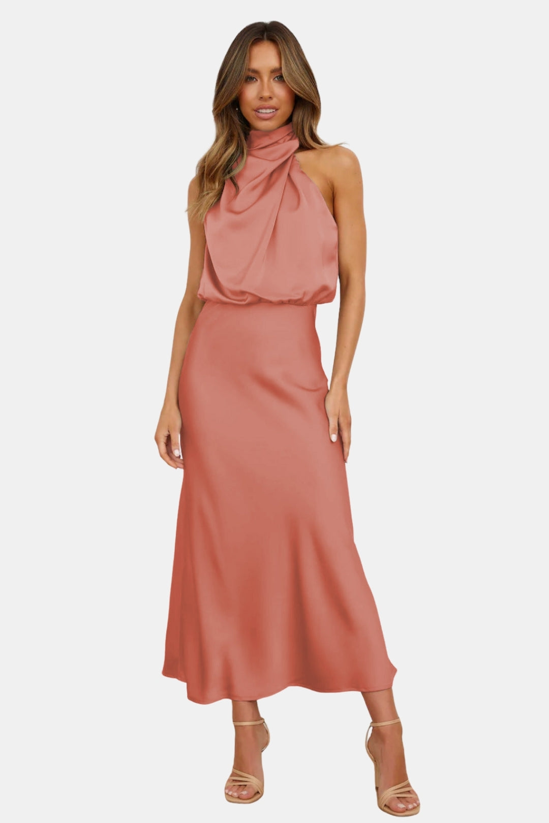 Woryndara | Elegant Halter Neck Midi Dress with Draped Bodice