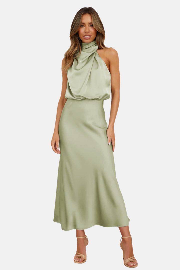 Woryndara | Elegant Halter Neck Midi Dress with Draped Bodice