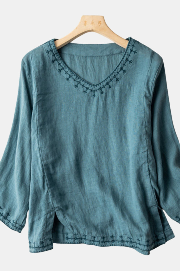 Xandalee | Embroidered V Neck Blouse with Three Quarter Sleeves