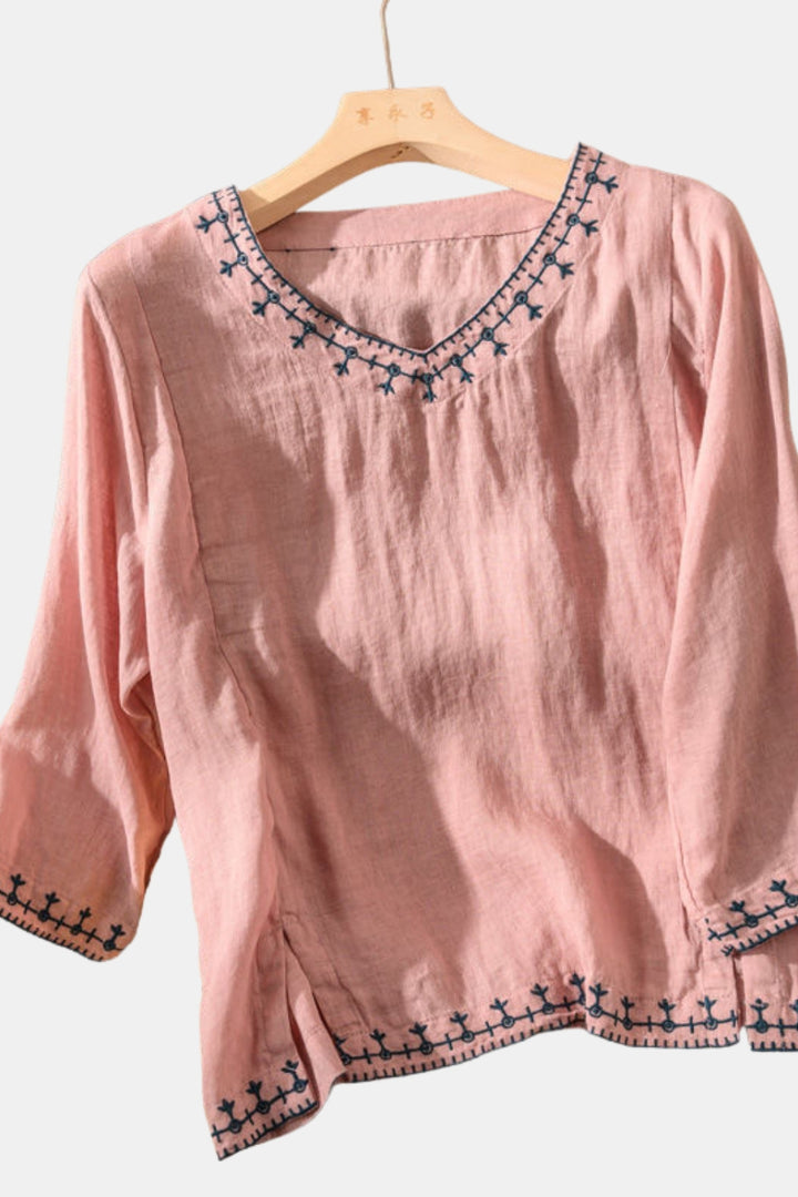 Xandalee | Embroidered V Neck Blouse with Three Quarter Sleeves