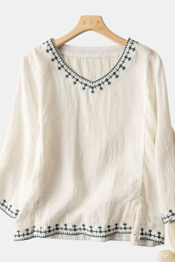 Xandalee | Embroidered V Neck Blouse with Three Quarter Sleeves