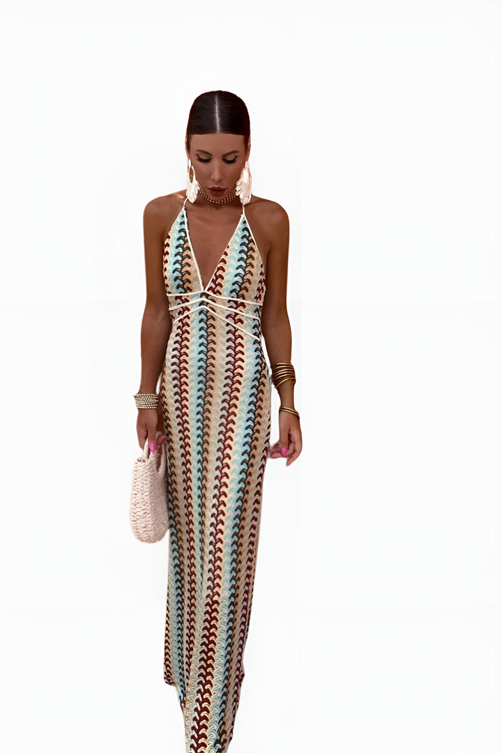 Xaryndora | Wedding Guest Printed Halter Maxi Dress with Open Back