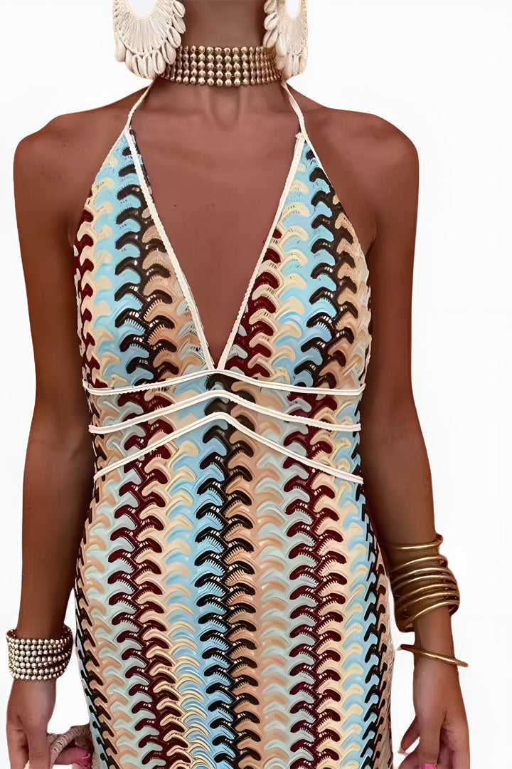 Xaryndora | Wedding Guest Printed Halter Maxi Dress with Open Back