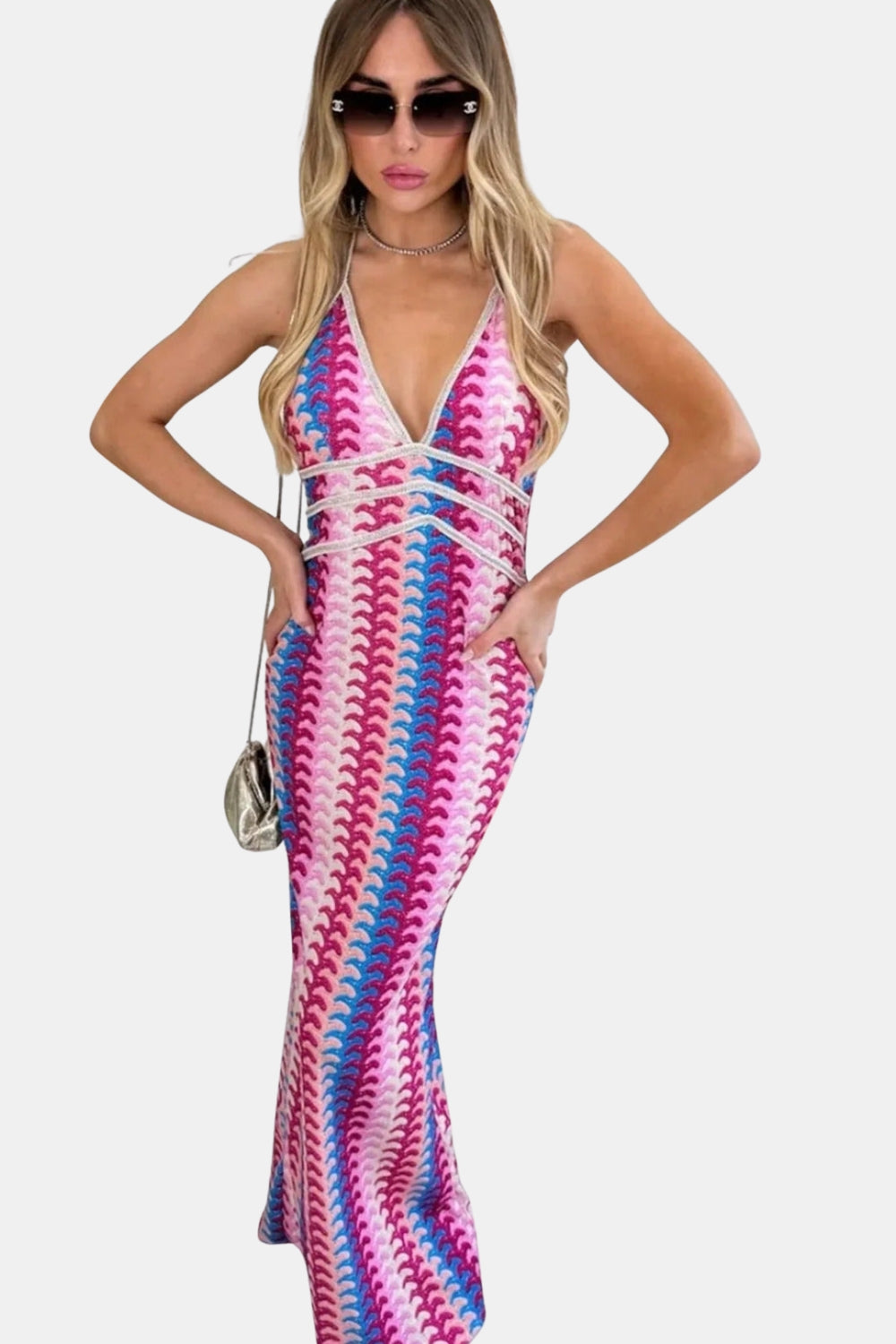 Xaryndora | Wedding Guest Printed Halter Maxi Dress with Open Back
