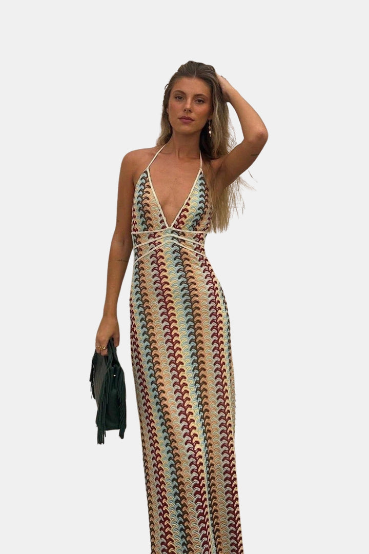 Xaryndora | Wedding Guest Printed Halter Maxi Dress with Open Back