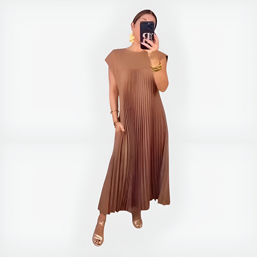 Xavrina | Chic Pleated Midi Dress with Cap Sleeves