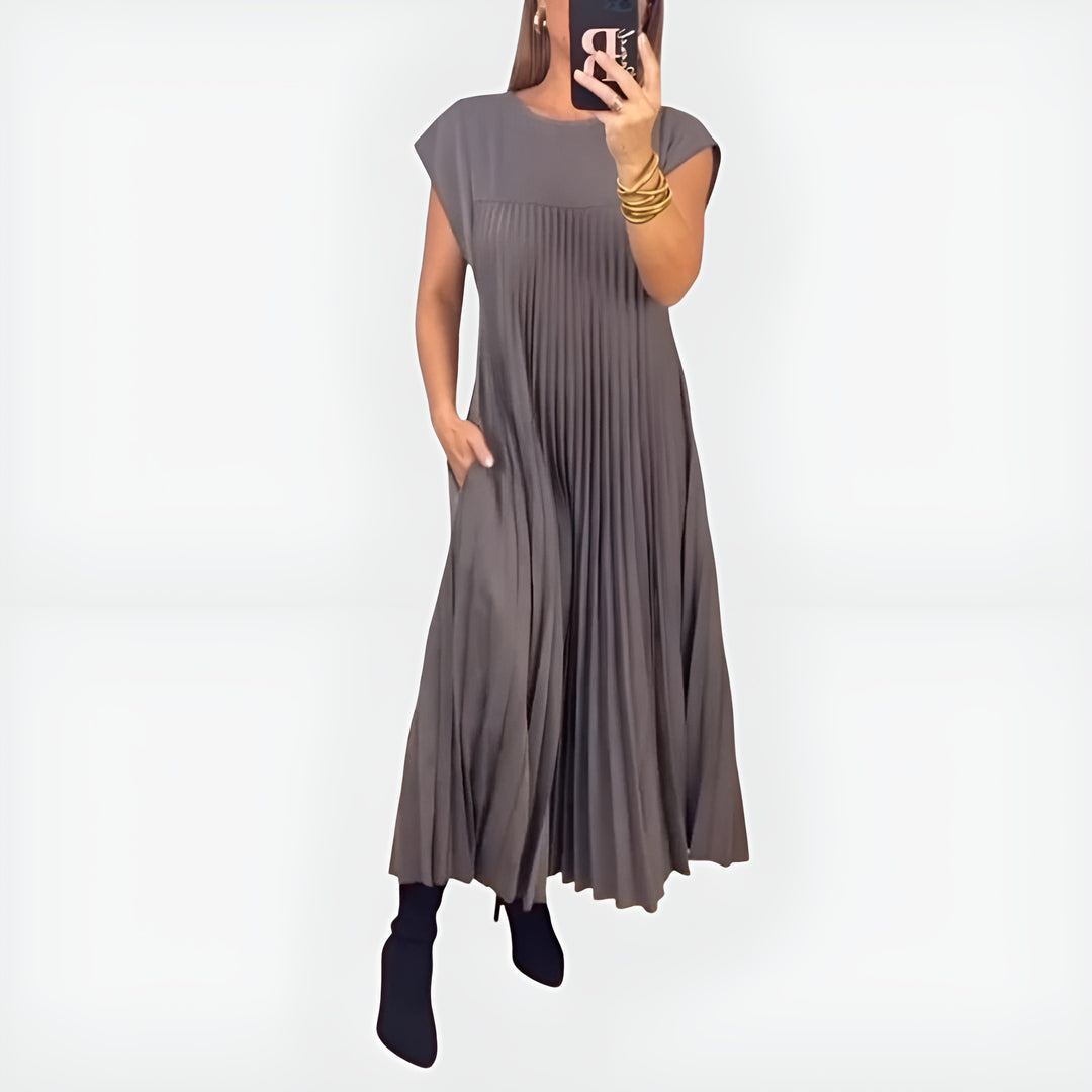 Xavrina | Chic Pleated Midi Dress with Cap Sleeves