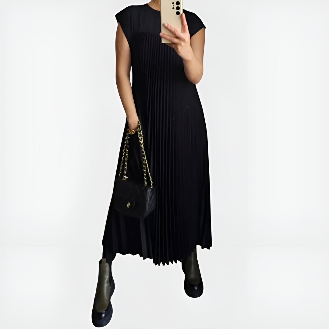 Xavrina | Chic Pleated Midi Dress with Cap Sleeves