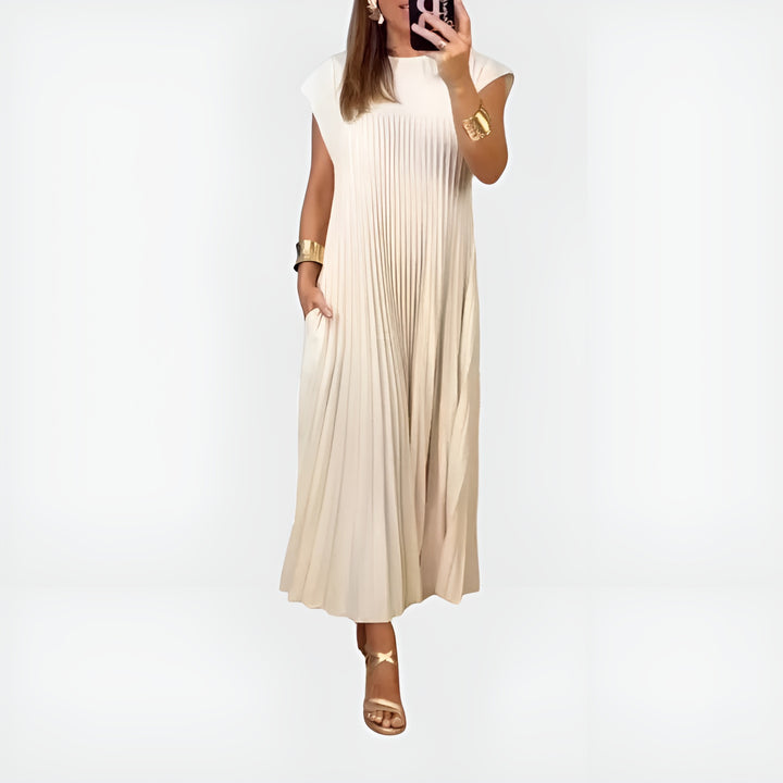 Xavrina | Chic Pleated Midi Dress with Cap Sleeves