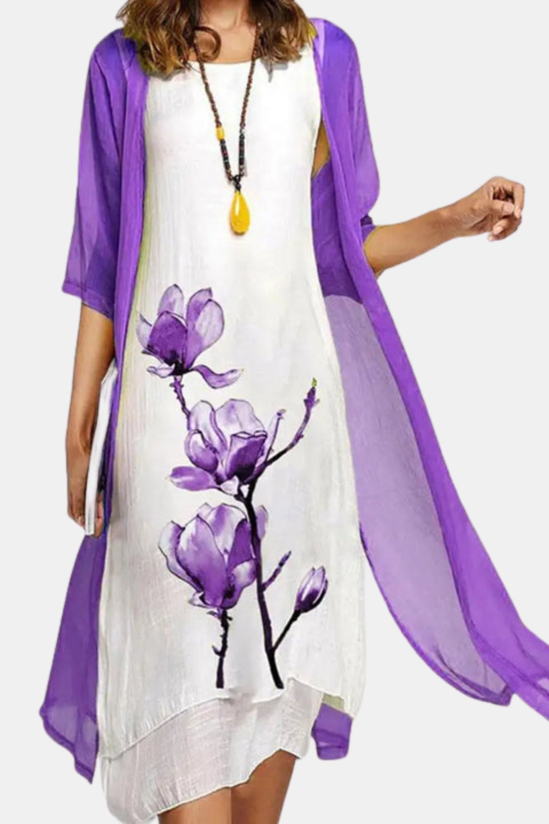 Xena | Floral Midi Dress with Sheer Cardigan Set