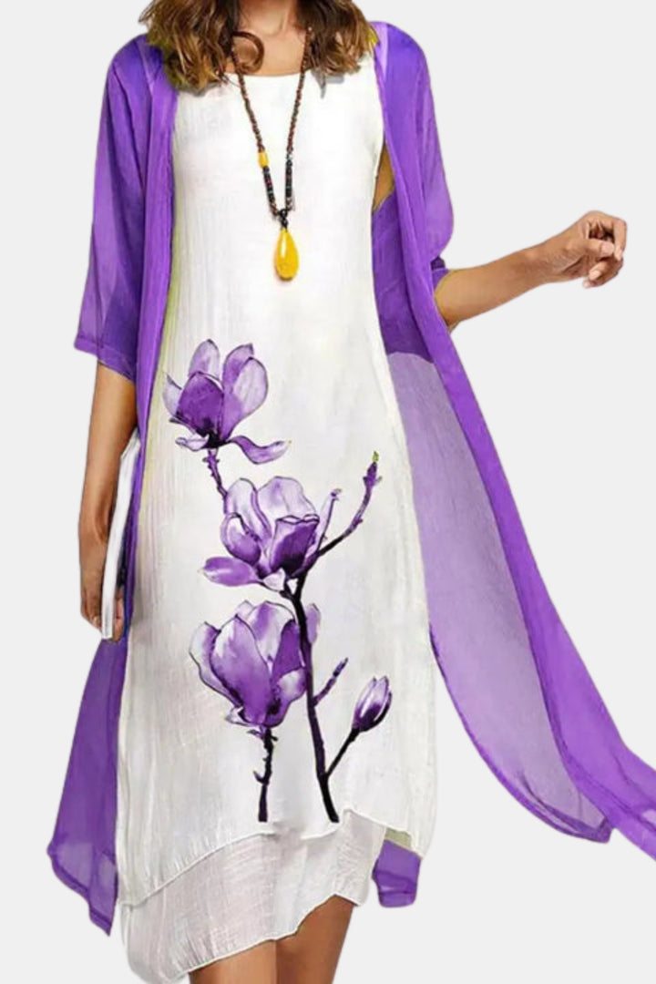Xena | Floral Midi Dress with Sheer Cardigan Set