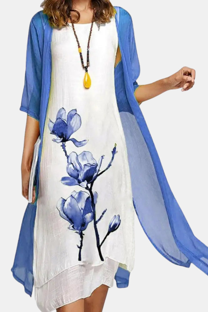 Xena | Floral Midi Dress with Sheer Cardigan Set