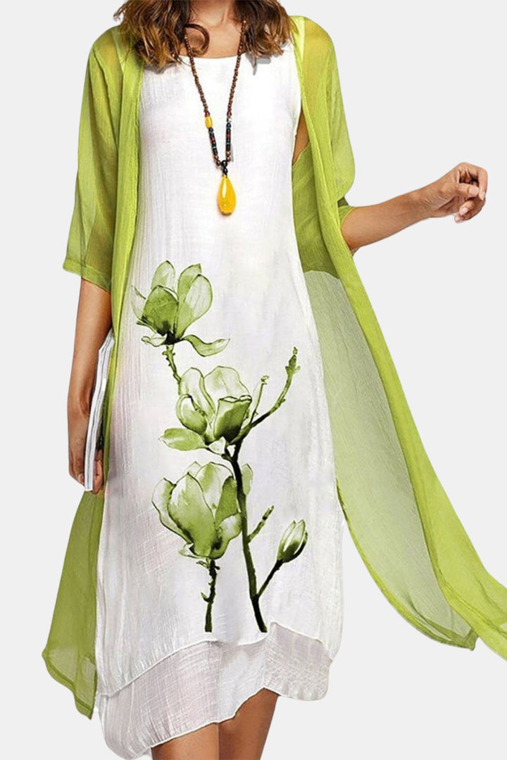 Xena | Floral Midi Dress with Sheer Cardigan Set