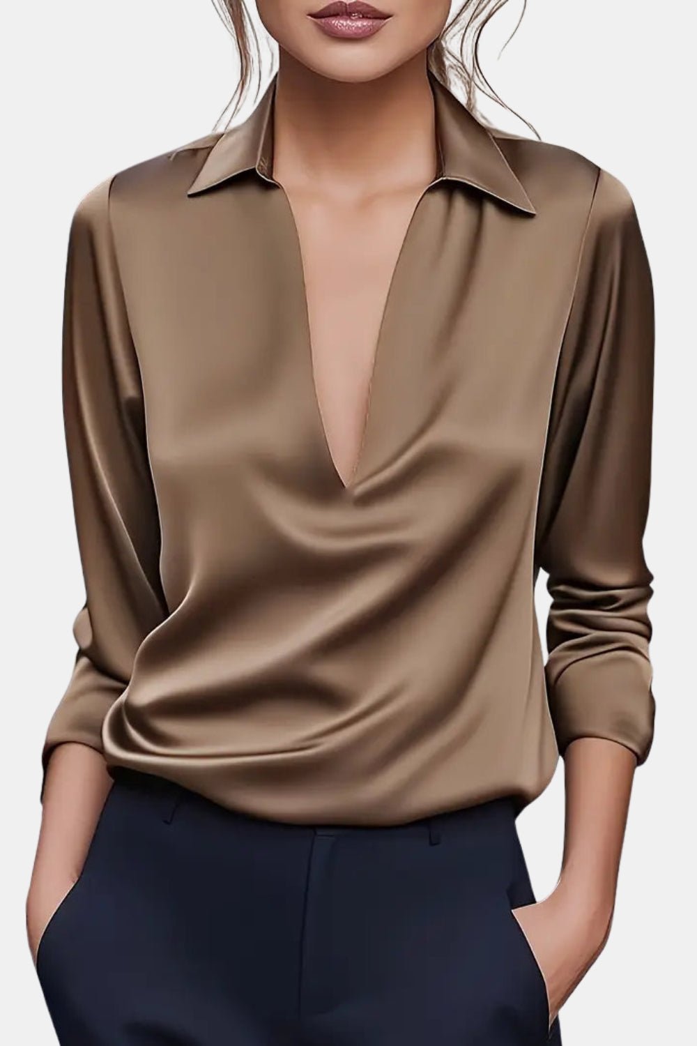 Yardleyra | Satin V Neck Blouse with Collared Detail