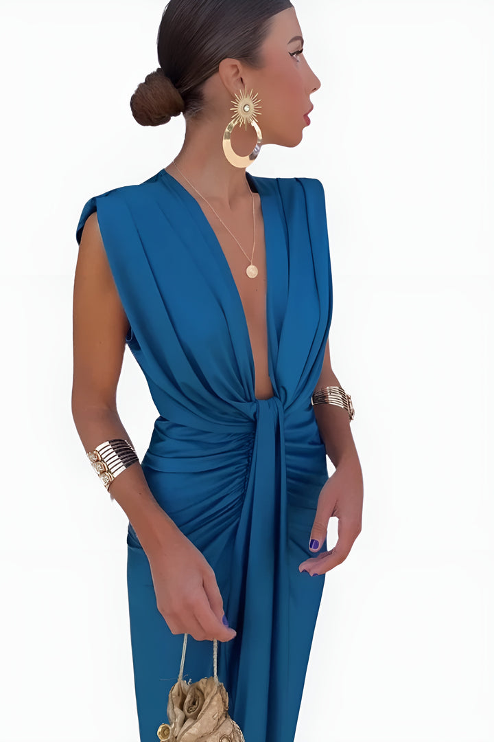 Yaryndra | Elegant Draped Maxi Dress with Deep V Neck