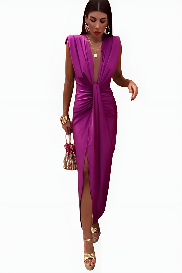 Yaryndra | Elegant Draped Maxi Dress with Deep V Neck
