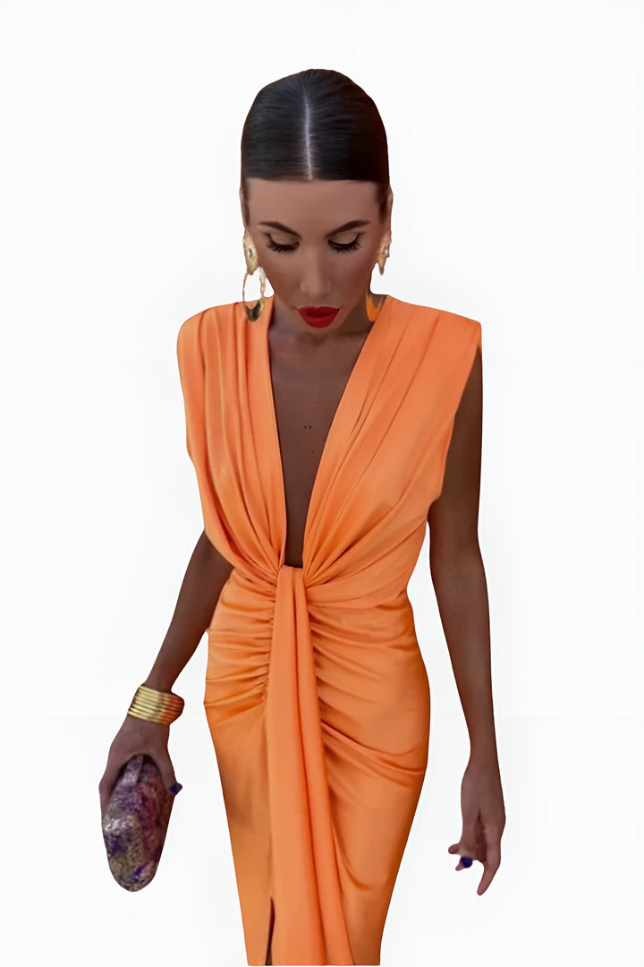Yaryndra | Elegant Draped Maxi Dress with Deep V Neck