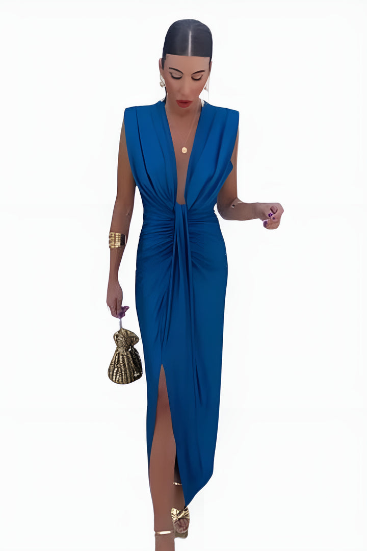 Yaryndra | Elegant Draped Maxi Dress with Deep V Neck