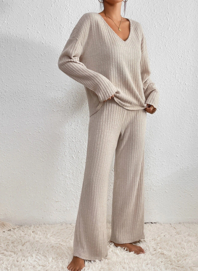 Yasmin | Ribbed Knit Set with V Neck Sweater
