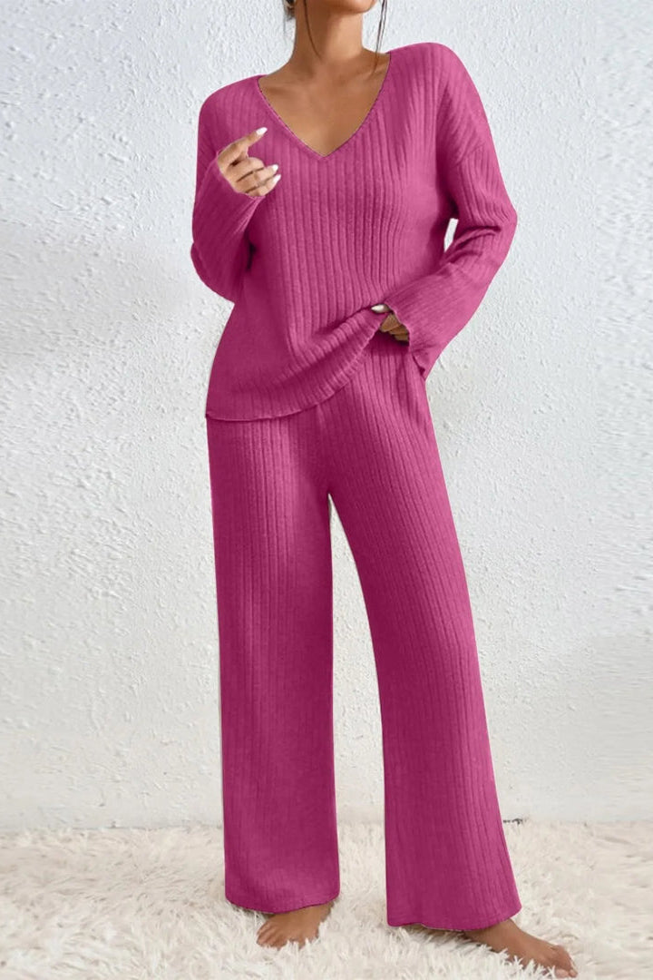 Yasmin | Ribbed Knit Set with V Neck Sweater
