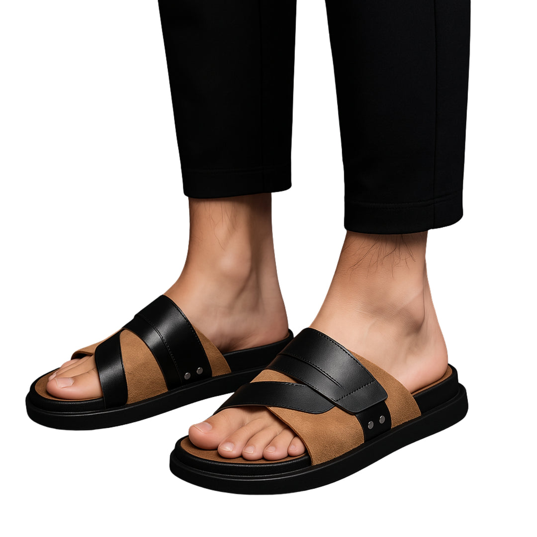 Ysoria | Double Strap Slide Sandals with Contrast Bands