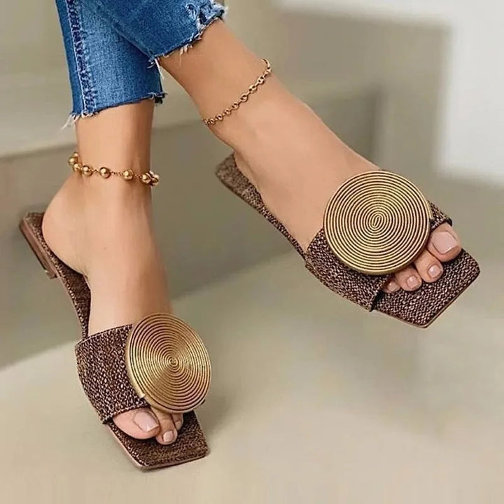 Yvaine | Woven Slide Sandals with Disc Detail