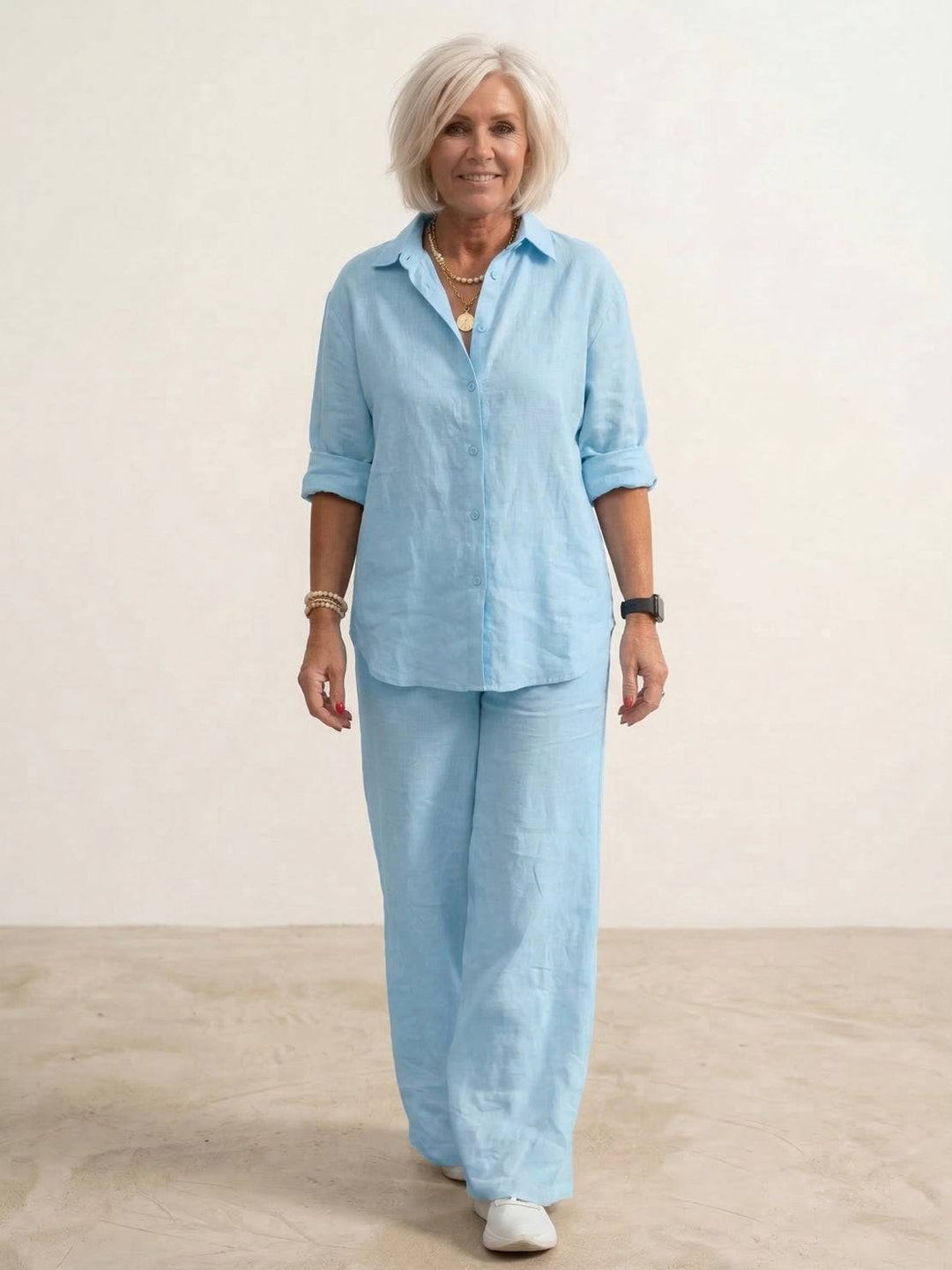 Yvonne | Classic Two Piece Set with Button Down Shirt and Wide Leg Pants