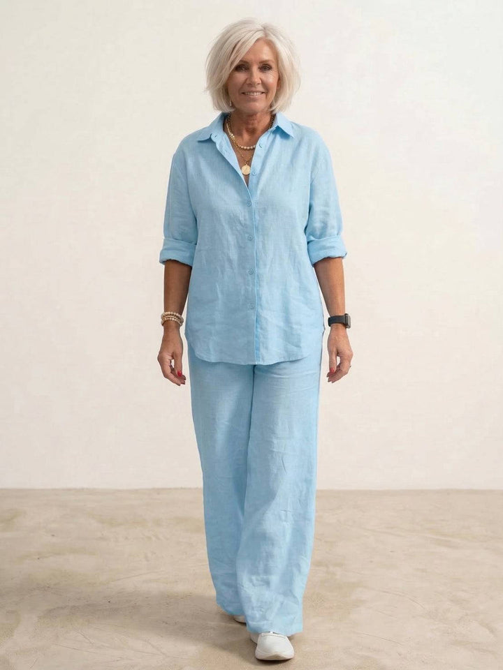 Yvonne | Classic Two Piece Set with Button Down Shirt and Wide Leg Pants
