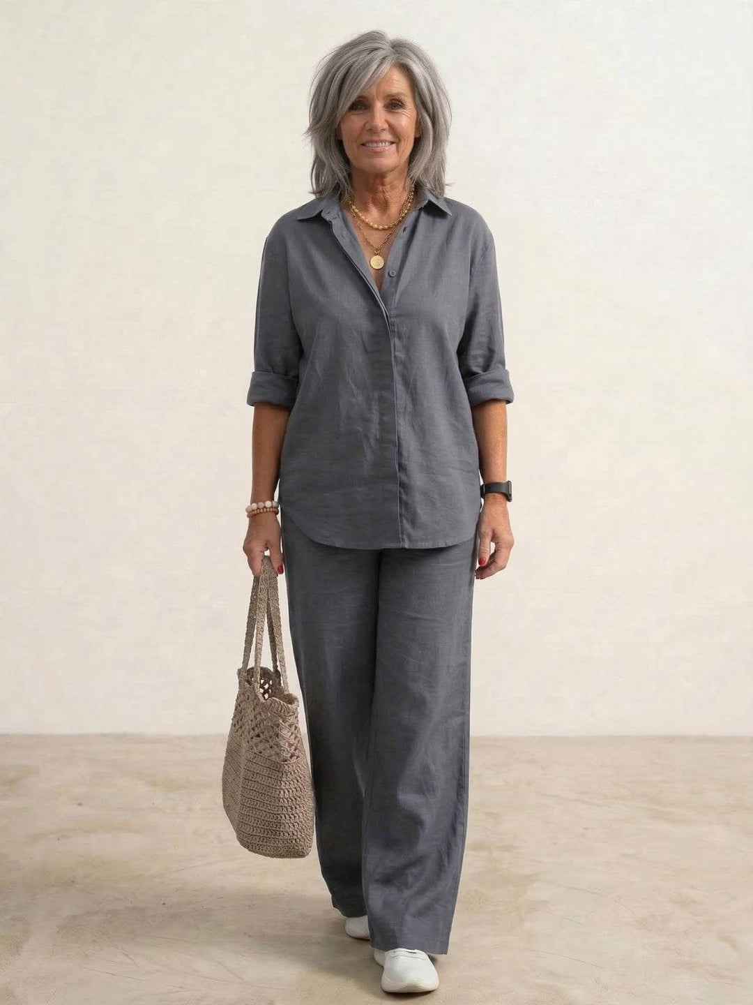 Yvonne | Classic Two Piece Set with Button Down Shirt and Wide Leg Pants