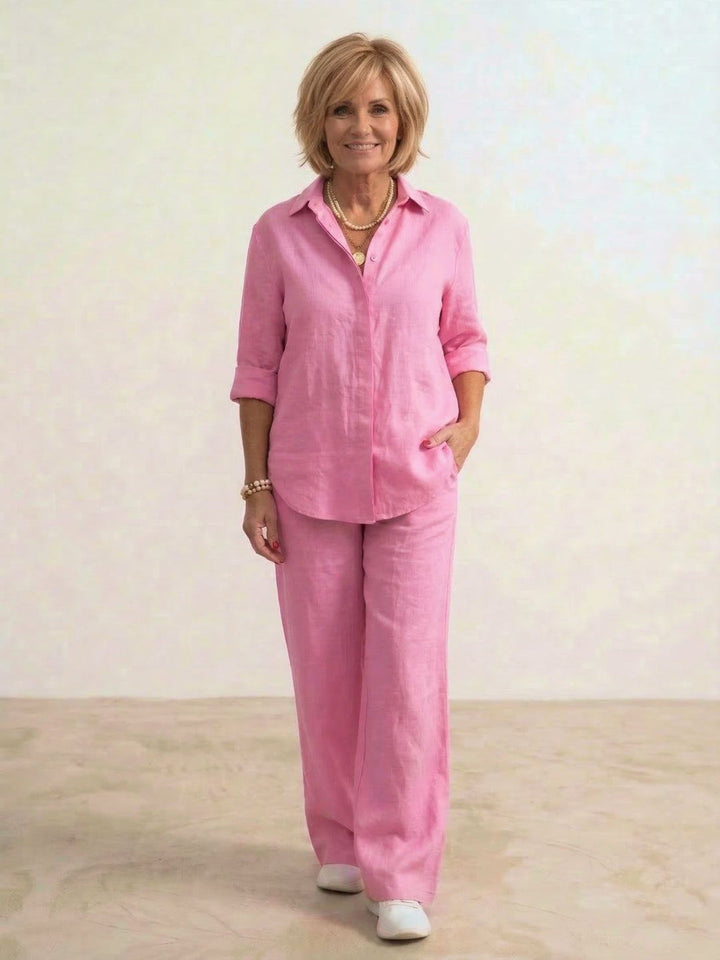 Yvonne | Classic Two Piece Set with Button Down Shirt and Wide Leg Pants
