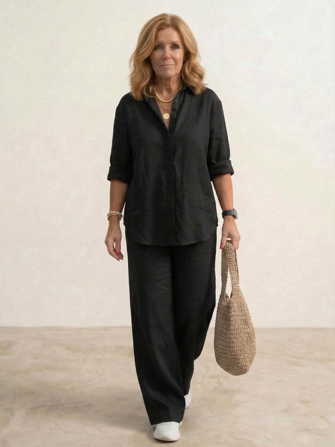 Yvonne | Classic Two Piece Set with Button Down Shirt and Wide Leg Pants