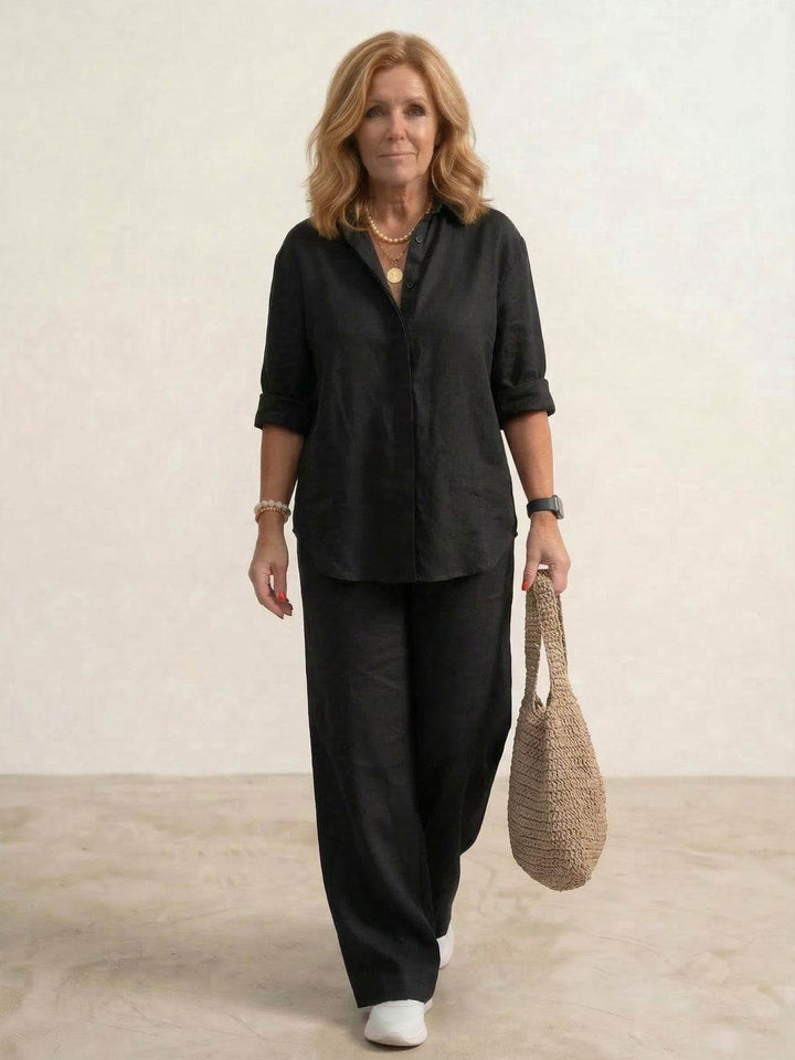 Yvonne | Classic Two Piece Set with Button Down Shirt and Wide Leg Pants