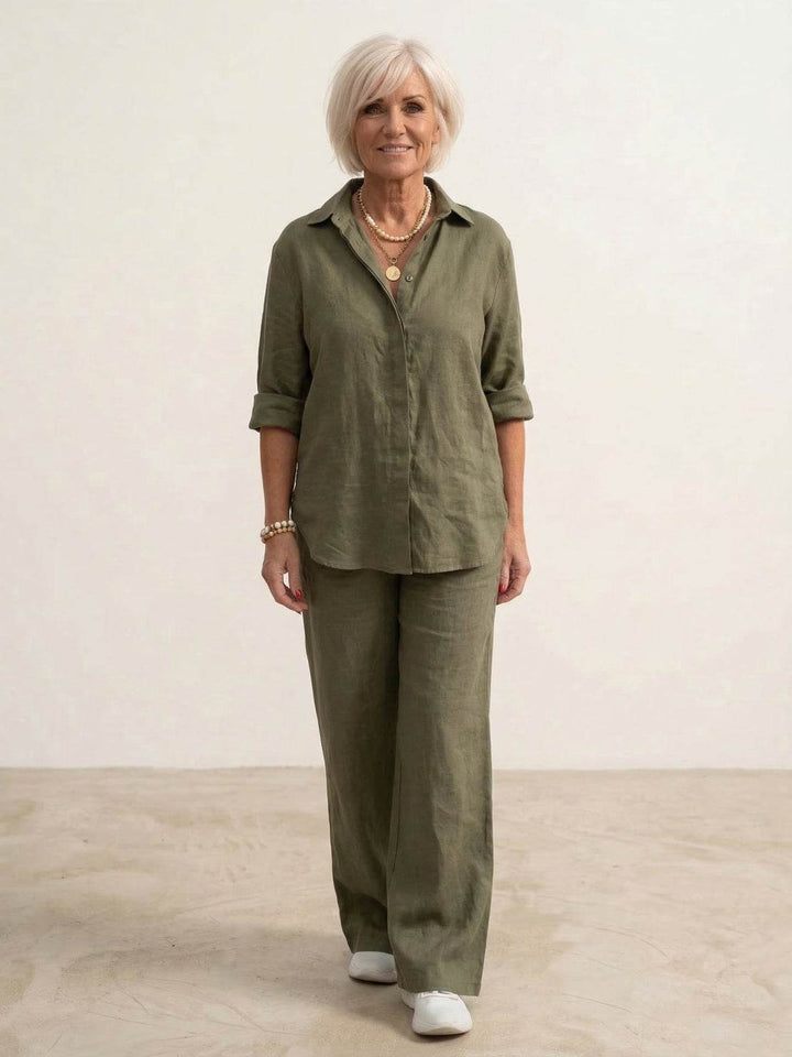 Yvonne | Classic Two Piece Set with Button Down Shirt and Wide Leg Pants