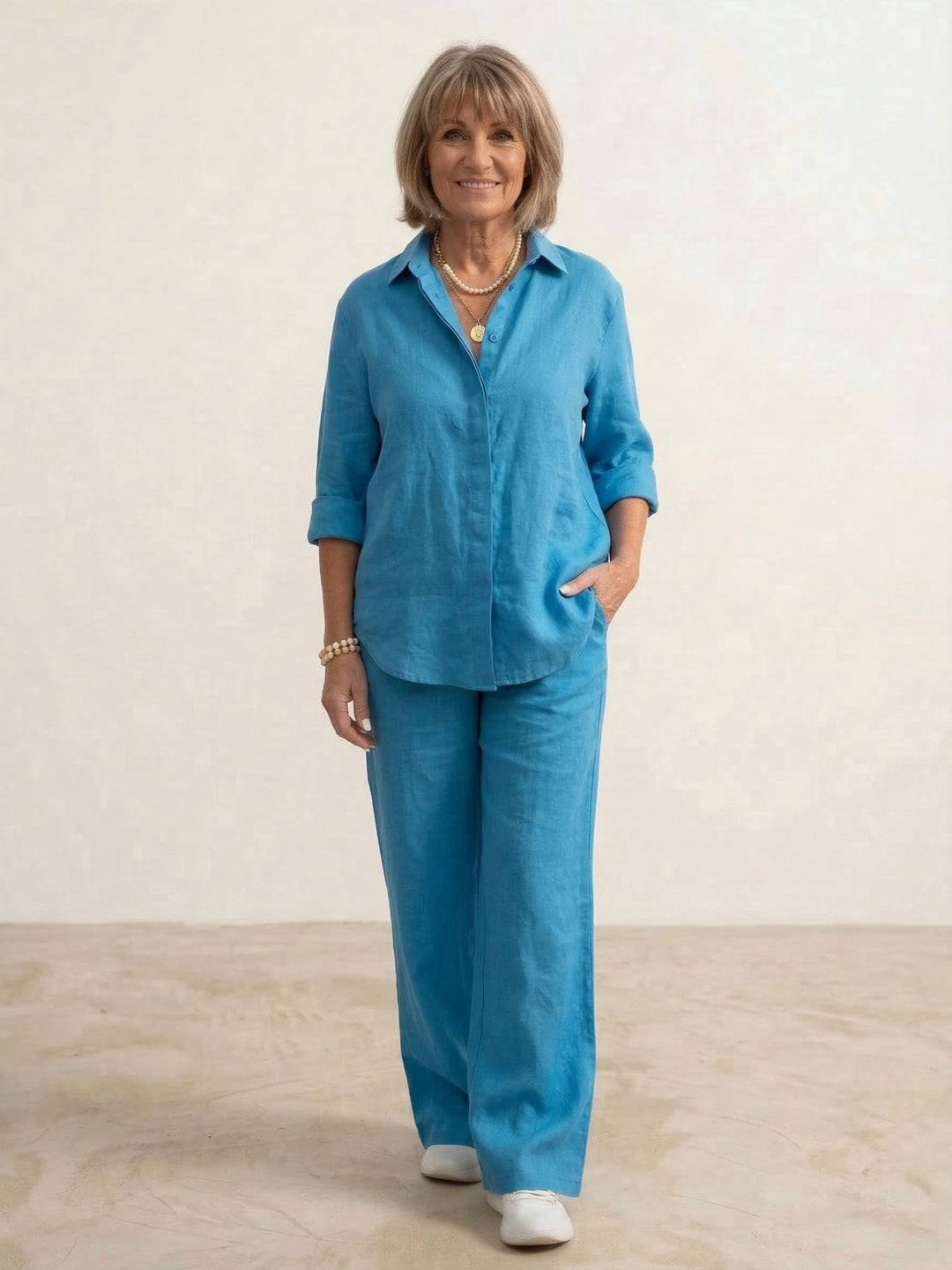 Yvonne | Classic Two Piece Set with Button Down Shirt and Wide Leg Pants
