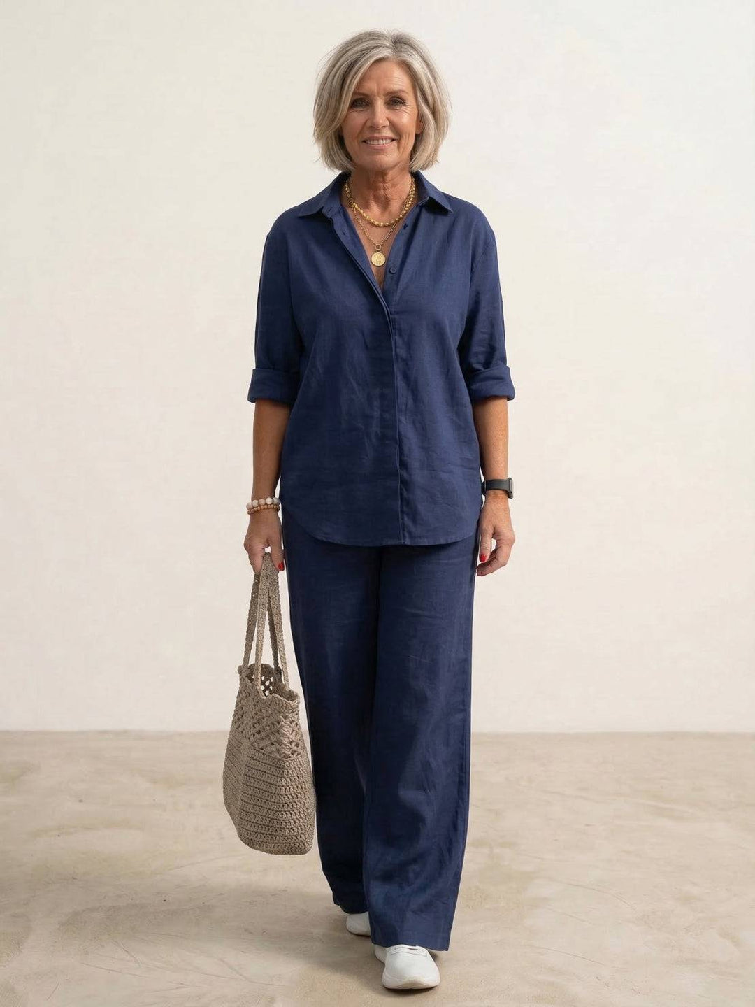 Yvonne | Classic Two Piece Set with Button Down Shirt and Wide Leg Pants