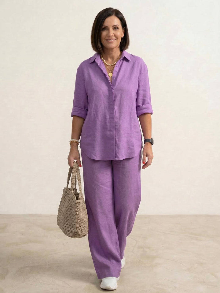 Yvonne | Classic Two Piece Set with Button Down Shirt and Wide Leg Pants