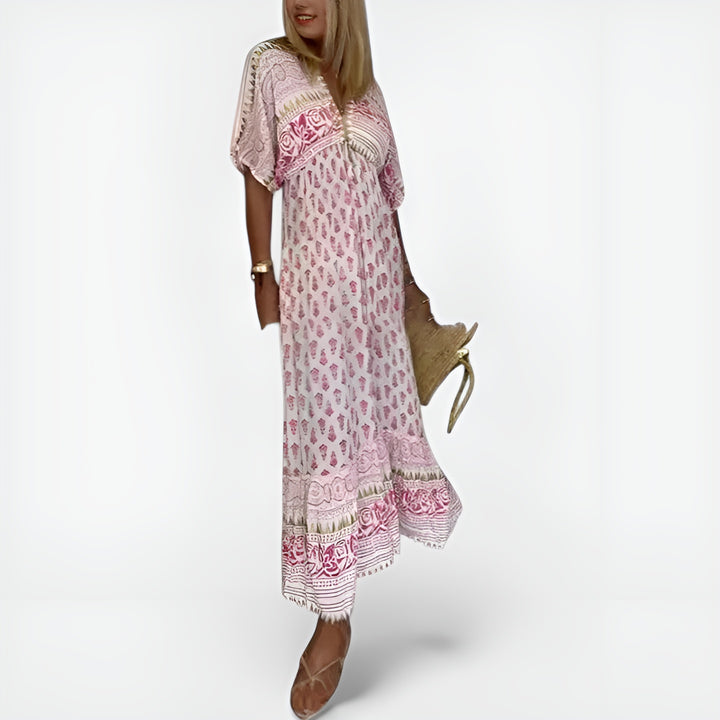 Zarelynn | Boho Printed Maxi Dress with Flutter Sleeves