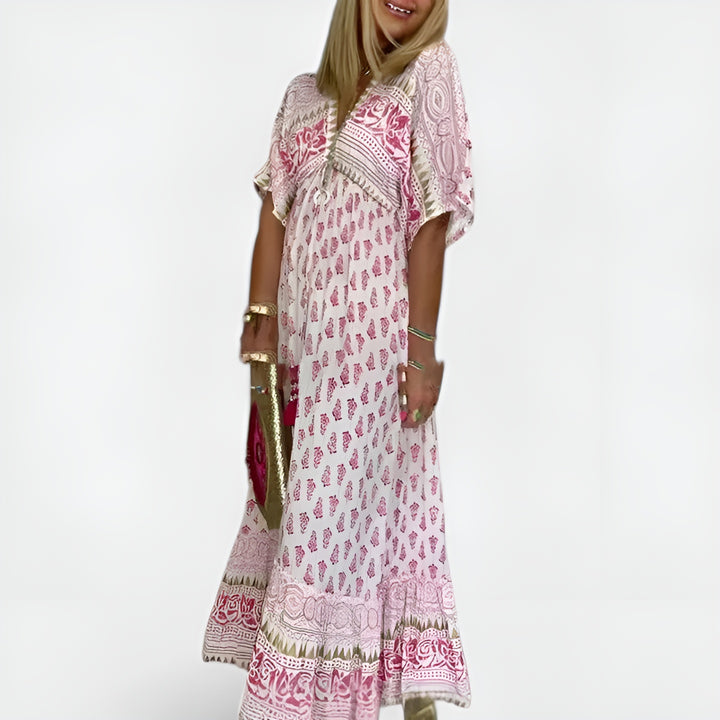 Zarelynn | Boho Printed Maxi Dress with Flutter Sleeves
