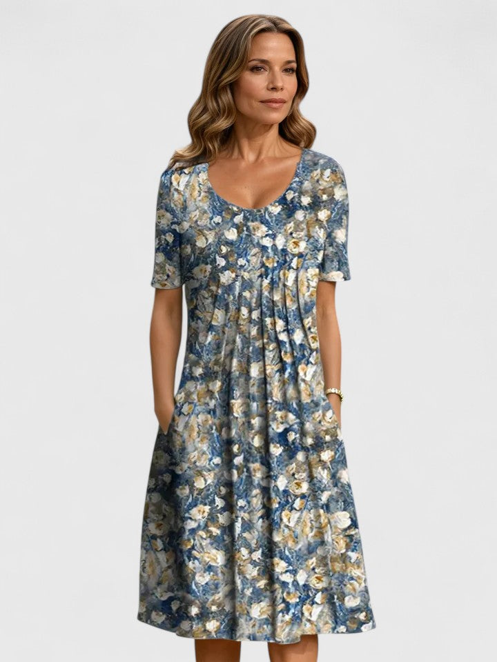 Zelmoria | Chic Floral Midi Dress with Short Sleeves